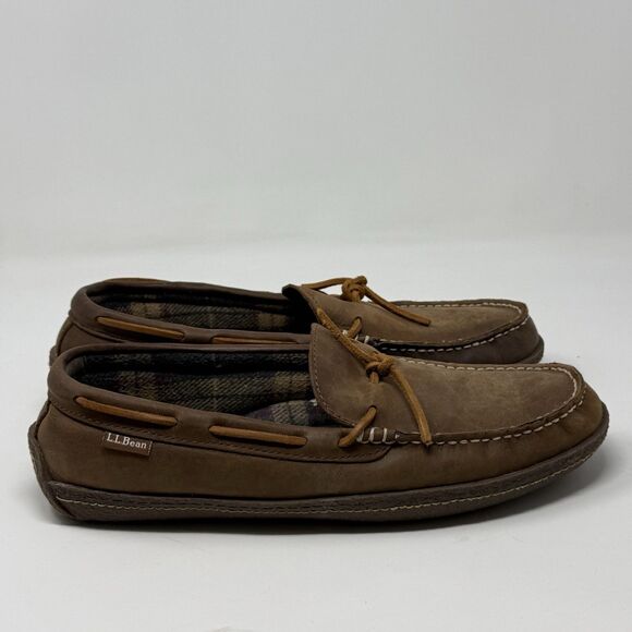 LL Bean Slippers Mens 11 M Brown Leather Flannel Lined Comfort Indoor Outdoor main image 8